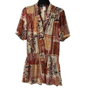 Lily White Patchwork Boho Drop Waist Dress Tunic Orange Floral Print Womens M